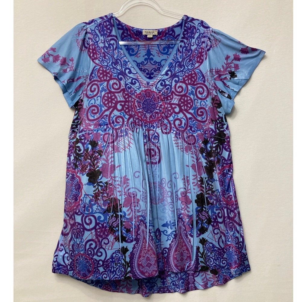 One World Top 1X Blue Purple Paisley Boho V-Neck Empire Waist Stretch Blouse